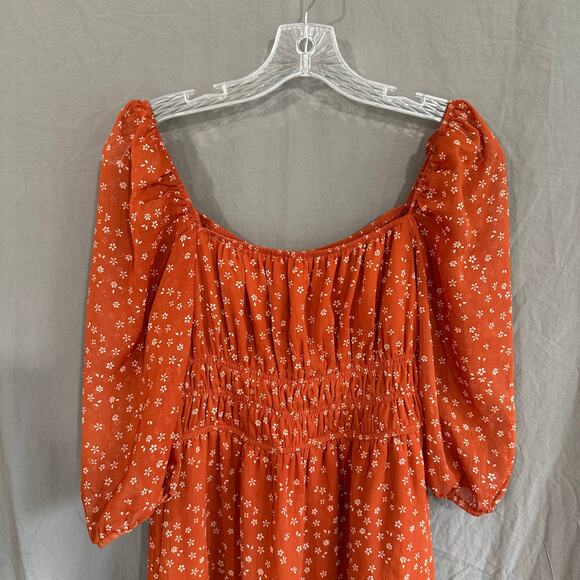 Row A Rust Orange Floral Prairiecore Puff Sleeve Smocked‎ Mini Dress Size M - Picture 2 of 11